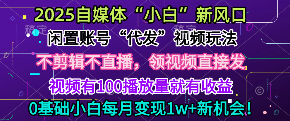 2025每月躺赚5w+新机会，闲置视频账号一键代发玩法，0粉不实名不剪辑，领了视频直接发，0基础小白也能日入300+-卧狐科技网