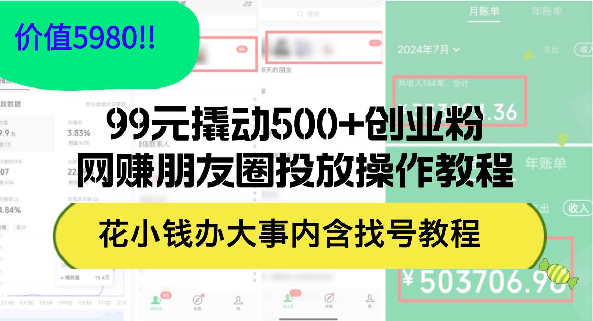 99元撬动500+创业粉，网赚朋友圈投放操作教程价值5980！花小钱办大事内...-卧狐科技网
