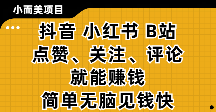 小而美的项目，抖音、小红书、B站视频点赞、关注、评论就能赚钱，简单无脑立见收益！妥妥的零撸项目-卧狐科技网